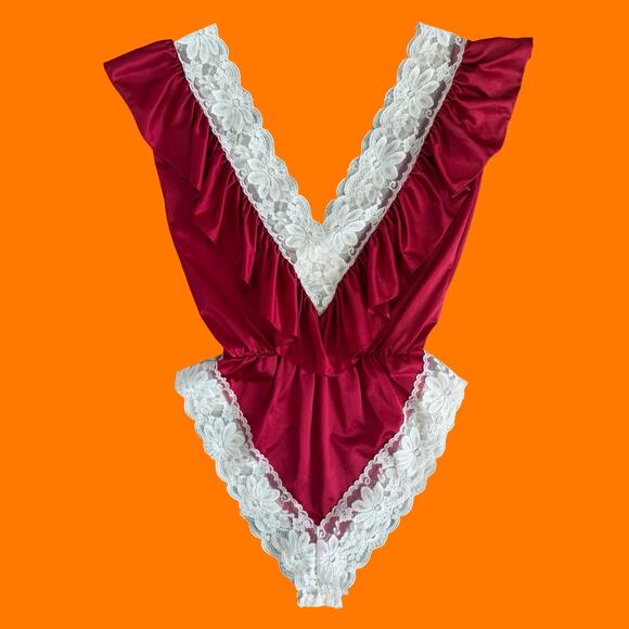 Other - 70's 80's vintage romantic ruffled lace teddy hi cut lingerie one piece SMALL